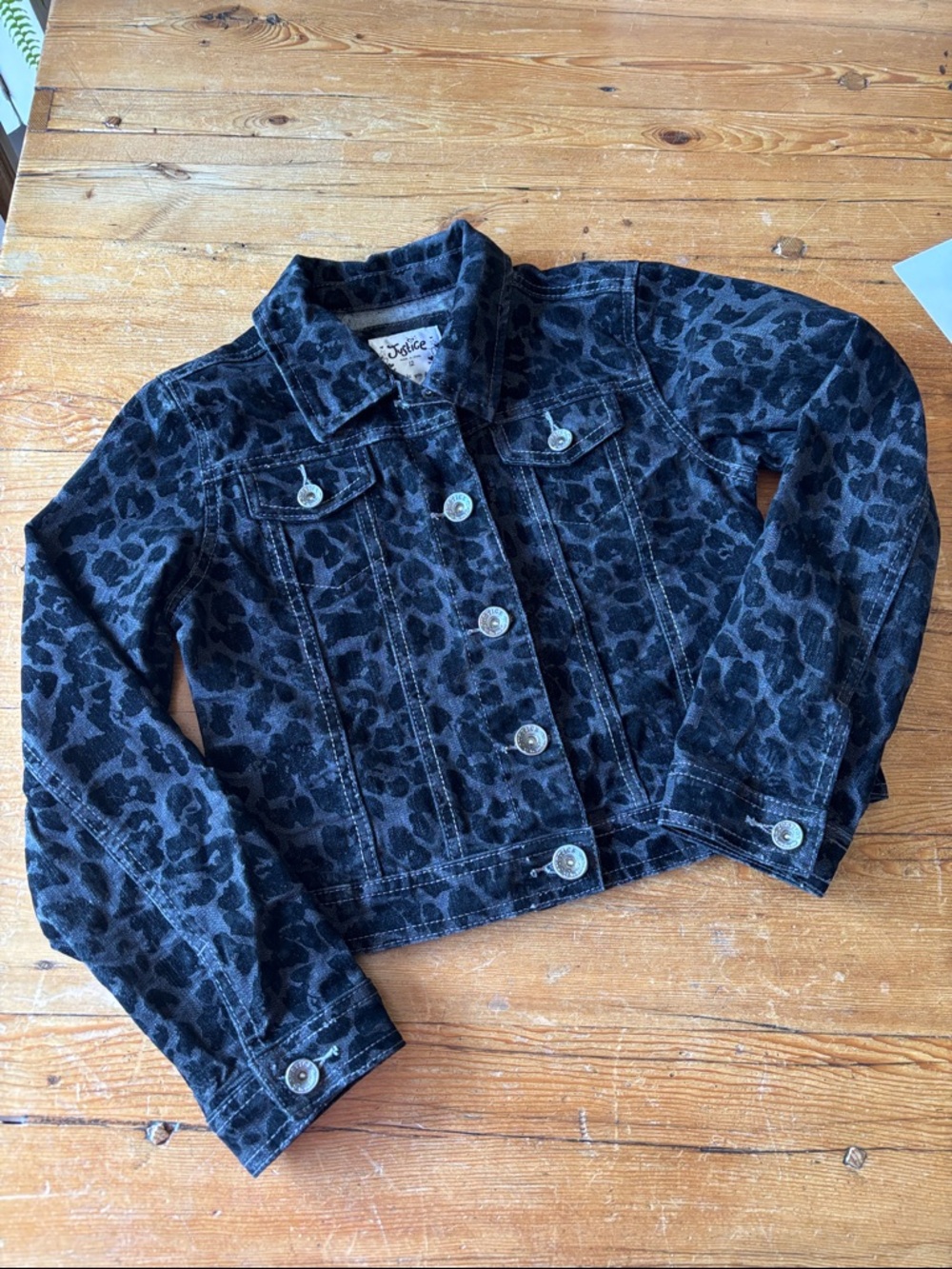 Justice Black Leopard Print Denim Jacket for Kids